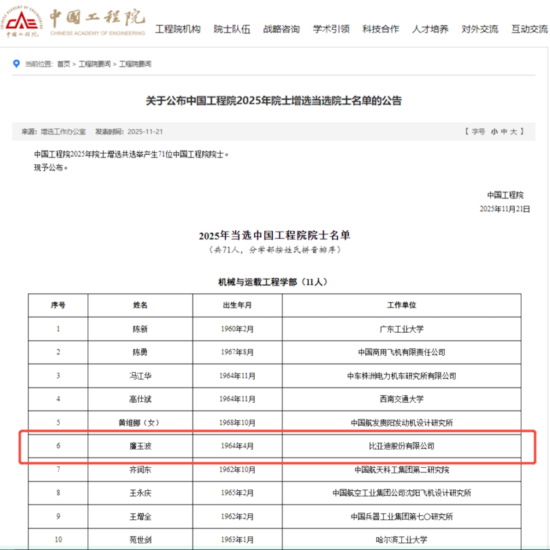 比亚迪集团首席科学家廉玉波当选中国工程院院士