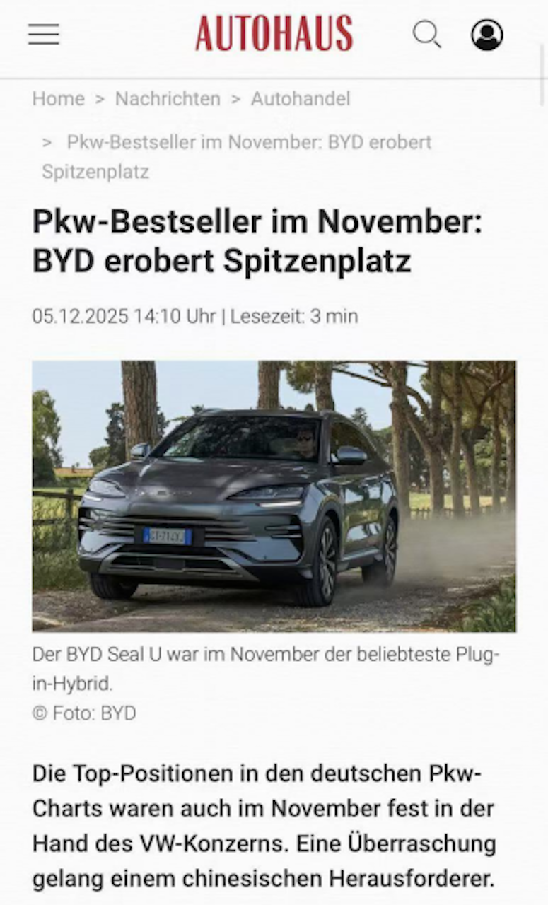 宋PLUS首夺德国插混月度销冠  比亚迪全球化驶入“快车道”